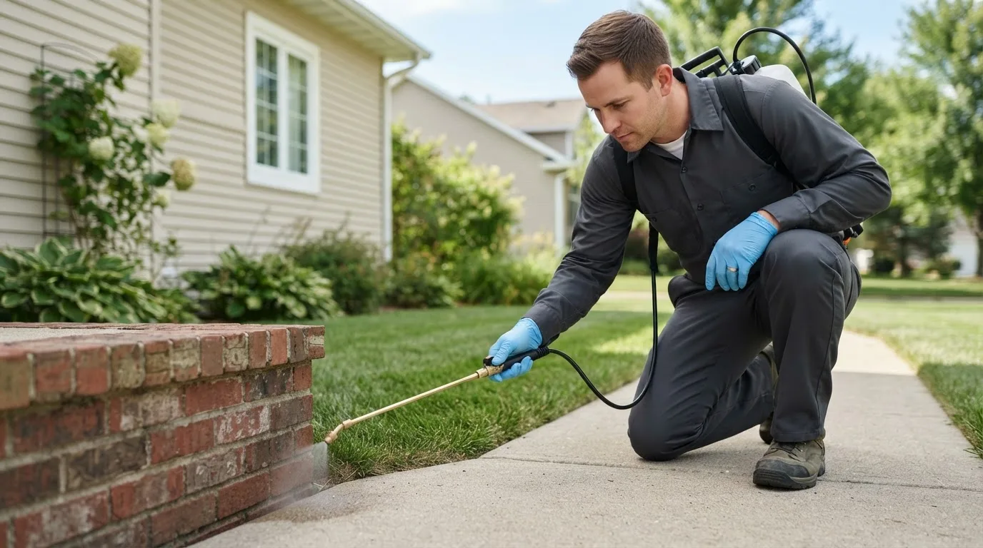 Pest control technician treating a home near Donnellson, IL