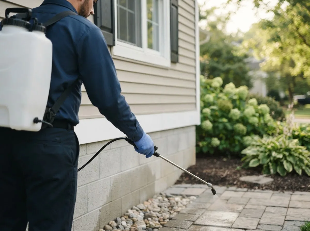 Pest control technician inspecting a home in Donnellson, IL